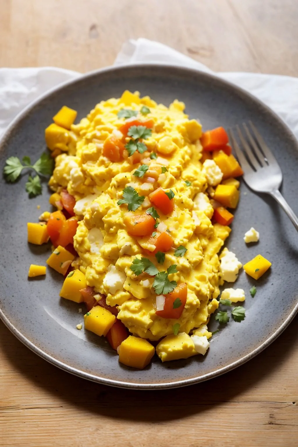Scrambled Eggs with Sweet Potato, Bell Pepper, & Onion