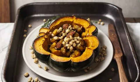 Caramelized onion & sausage stuffed acorn squash on a white plate. This is the designated pinterest pin.