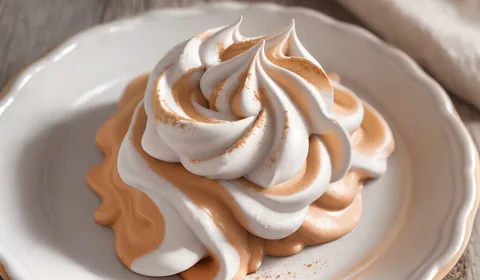 A loose pile of pumpkin pie spiced meringue cookies on a picnic table, with a sparkly brown and a sparkly yellow pumpkin in the background. This is the designated pinterest pin.