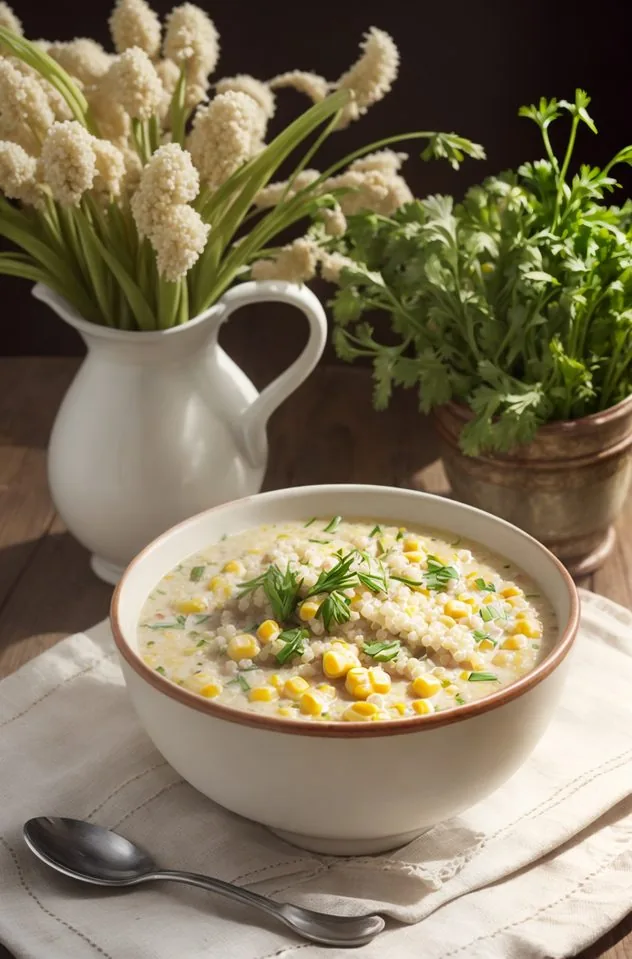 Quinoa corn chowder in a white bowl on a counter. Off to the side are process shots of the diced vegetables and the vegetables being sauteed in a large pot. This is the designated pinterest pin.