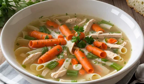 Slow cooker chicken pasta soup in a white bowl with a homemade dinner roll. This is the designated pinterest pin.