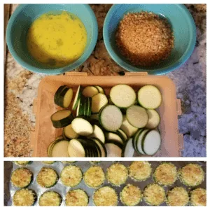 At the top, a bowl of lightly mixed eggs, a bowl of homemade bread crumbs, and a container of raw zucchini slices sit on a countertop. At the bottom, the finished breaded zucchini chips sit on an aluminum foil covered baking sheet.