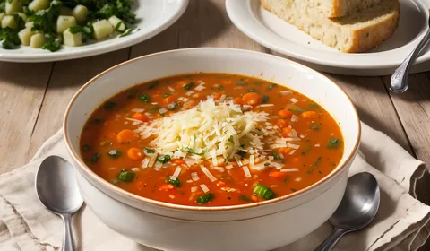 Vegetable ditalini soup served in a bowl. Bowl sits next to some of the raw ingredients and a large pan of the soup, all on a white marble background. This is the designated pinterest pin.
