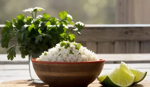 Mexican rice in a large fluted white bowl on a fake marble top dining room table. In the background is a homemade bean burrito on a red plate. This is the designated pinterest pin.