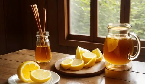 Lemon honey tea in a glass mug sitting on a coaster. On a small wooden cutting board rests a serrated knife and some lemon slices. In the background is a pile of lemons and a turquoise colored towel. This is the designated pinterest pin.