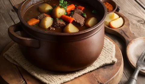 Stove top beef stew with a sweet potato biscuit on a white square plate. This is the designated pinterest pin.