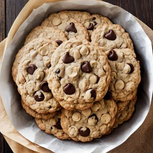 Chocolate chip oatmeal pulp cookies rest on a square of wax paper atop a dark wood plank background. In the background is a plate full of cookies and a glass of homemade oat milk. Sprinkled about are chocolate chips and raw oats.
