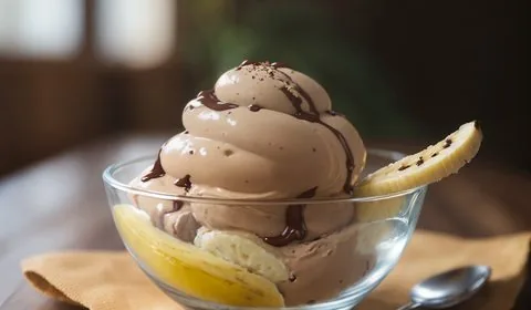 Vegan chocolate peanut butter banana ice cream on a square white plate. The ice cream rests on a bed of homemade chocolate chips and is flanked on one side by banana slices. Cocoa powder is sprinkled over the entire plate. This is the designated pinterest pin.