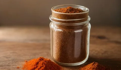 Piles of individual spices that make up homemade taco seasoning sit on a small cutting board on a dark wood plank background. Off to the side are measuring spoons and a small mason jar. This is the designated pinterest pin.