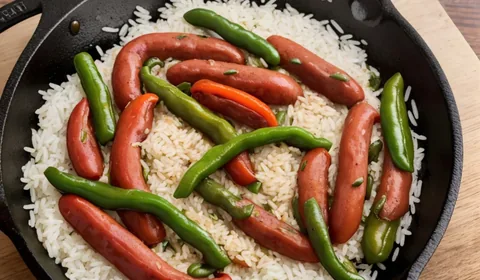 Vegetables, rice, and kielbasa in a stainless steel skillet sitting next to a small glass bowl of shredded mozzarella and a single stainless steel spoon. Everything sits on a white marble background. This is the designated pinterest pin.