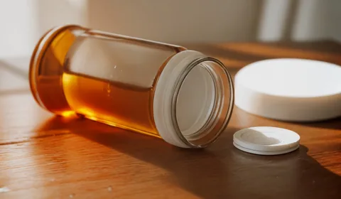 A pill cutter sits next to a pill bottle of mirtazapine tablets spilled out onto a blue background. This is the designated pinterest pin.