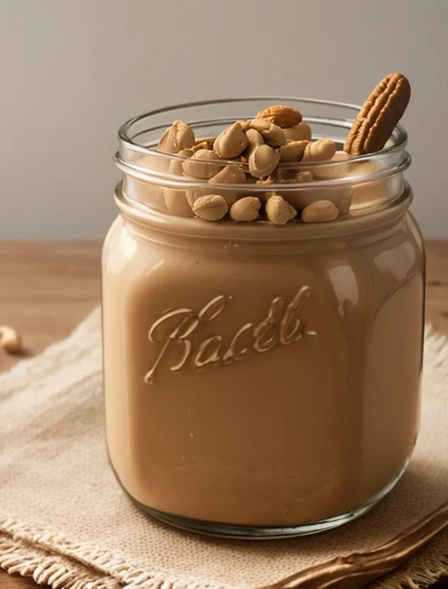 Kosher salt being added to homemade peanut butter in a blender on a blue background.