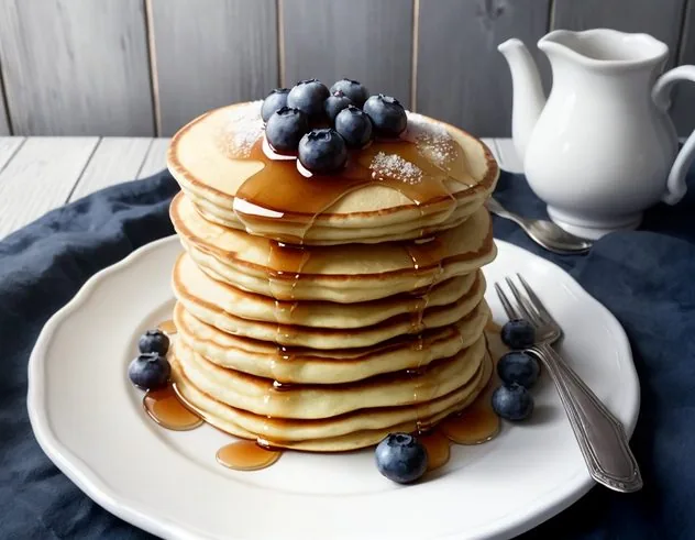Blueberry Buttermilk Pancakes Process Step 4a Bubble formation on top of a blueberry buttermilk pancake sitting in a stainless steel pan.