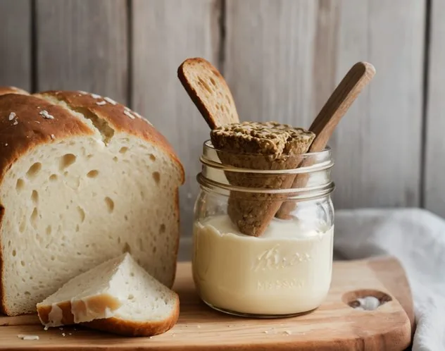 Top view of homemade butter and buttermilk in a large mason jar on a gray wood plank background.