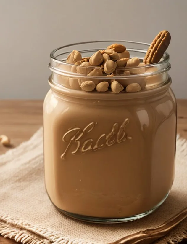 Maple syrup being added to homemade peanut butter in a blender on a blue background.