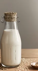 A mason jar filled with homemade oat milk sits on a blue background. A white plate of chocolate chip oatmeal pulp cookies sits in the upper left corner, and a spoon overflowing with uncooked oats sits next to the mason jar. This is the designated pinterest pin.