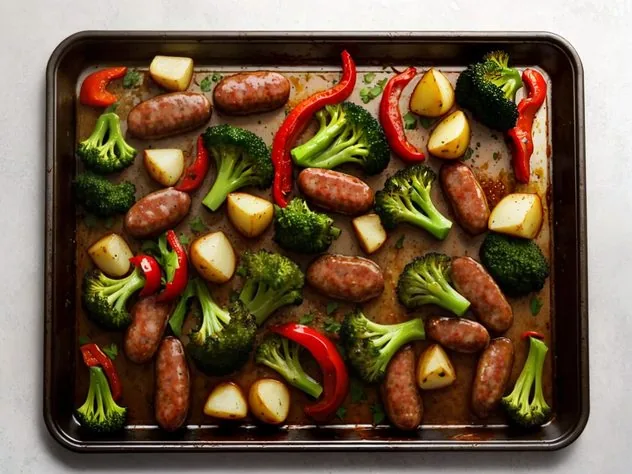 Roasted Chicken Sausage & Vegetable Sheet Pan Dinner Process Step 1a Four untrimmed green beans sit on a wooden cutting board.