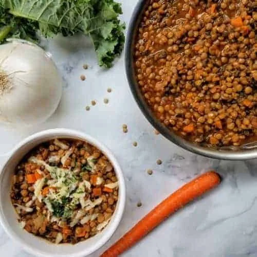 Top view of finished smoky lentil stew garnished with extra sharp cheddar cheese and parsley in a white bowl on a white marble background. Adjacent to the bowl is a white onion, a carrot, kale, uncooked brown lentils, and a small stainless steel pan with the finished stew.