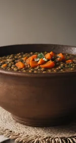 Top view of finished smoky lentil stew garnished with extra sharp cheddar cheese and parsley in a white bowl on a white marble background. Adjacent to the bowl is a white onion, a carrot, kale, uncooked brown lentils, and a small stainless steel pan with the finished stew. This is the designated pinterest pin.