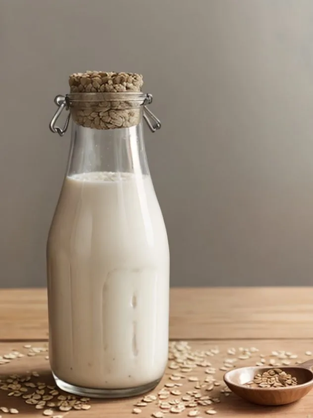 Side view of unstrained homemade oat milk in a blender container sitting on a blue background.