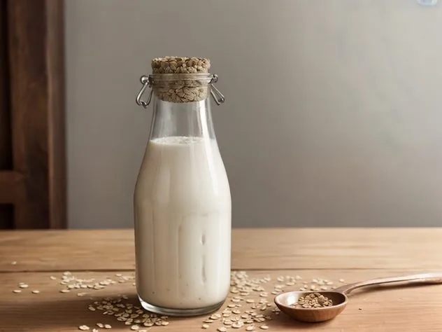 Top view of unstrained homemade oat milk in a blender container sitting on a blue background.
