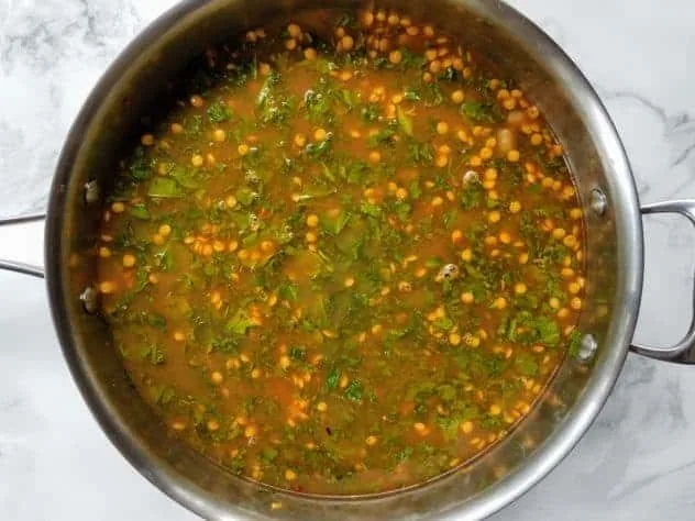 Smoky Lentil Stew Process Step 4 Vegetable broth and water have been added to the kale, lentil, and spiced carrot and onion mixture in a stainless steel pan.
