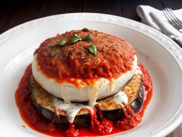 Baked Eggplant Parmesan Male vs. Female Eggplants Two eggplants sit on a white marble background. The eggplant on the left is an example of a female eggplant, which has a slot on the bottom. The eggplant on the right is an example of a male eggplant, which has a circular dimple on the bottom.