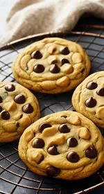 A collage of pumpkin chocolate chip cookies, pine cones, chocolate chips, leaves, and artificial pumpkins on a wood plank background. This is the designated pinterest pin.