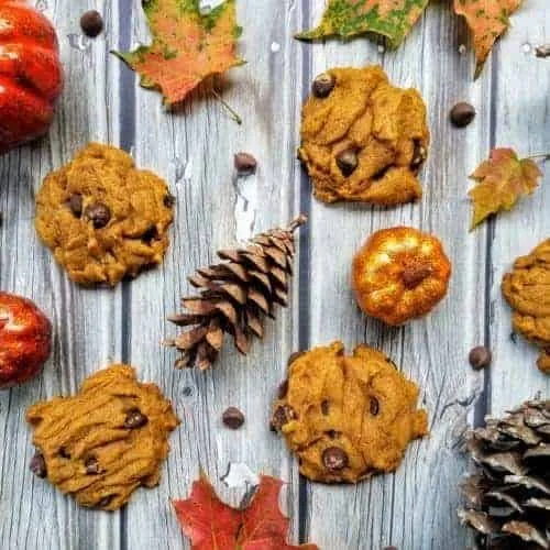 A collage of pumpkin chocolate chip cookies, pine cones, chocolate chips, leaves, and artificial pumpkins on a wood plank background.