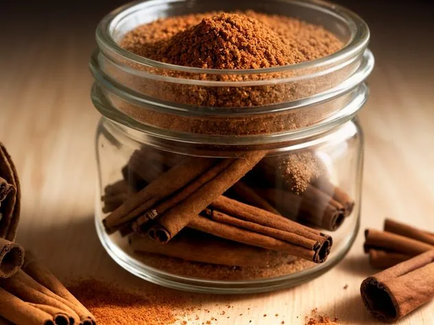 Apple Pie Spice Process Step 1 Cinnamon, nutmeg, and allspice in a small glass jar on a wood plank background,