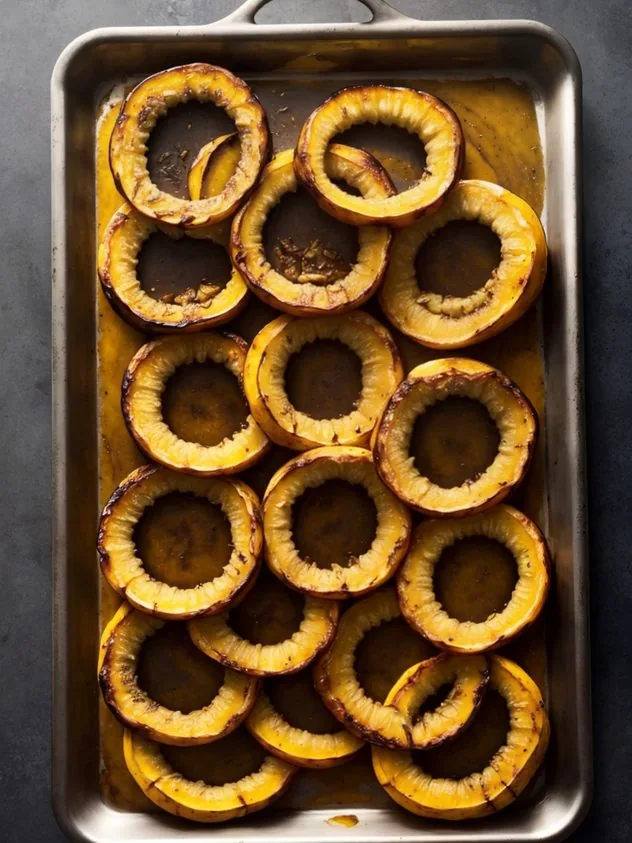 A delicata squash halved lengthwise sits on a wooden cutting board.