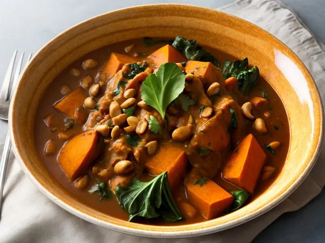 African Peanut Stew Process Step 2 Sauteed onion, poblano pepper, sweet potato, garlic and spices in a large stainless steel frying pan.