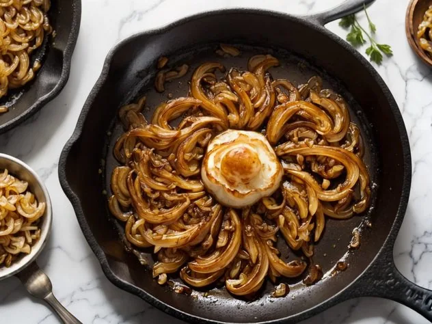 Light blonde colored onions in a large stainless steel frying pan after cooking for 35 minutes.