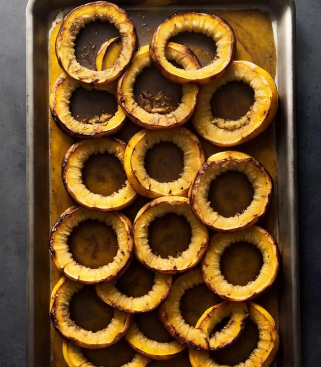 A partially sliced delicata squash sits on a wooden cutting board.