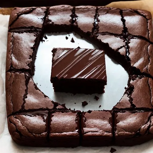 A stack of four dark chocolate avocado brownies sit on crinkled parchment paper with chocolate chips and chunks of brownie scattered about. There is also an avocado in the background. Everything sits on a white marble background, with a plain black background.