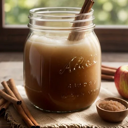 Applesauce sits in a small black bowl in the foreground. In the background is a large black bowl with gala apples and a striped tea towel. Scatted about are different colored leaves, gala apples, and cinnamon sticks. This is the horizontal image.