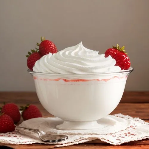 Homemade whipped cream sits in a large black bowl. The whipped cream is decorated with gold spherical sprinkles. The black bowl sits on top of a gold leaf placemat, which sits on top of a teal, navy, gray, black, and white paisley placemat, which sits on top of the white marble background. This is the horizontal image.