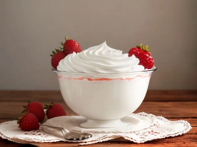 Homemade Whipped Cream Process Step 2 The beginning stages of whipped cream sitting in a large glass bowl on a white marble background.
