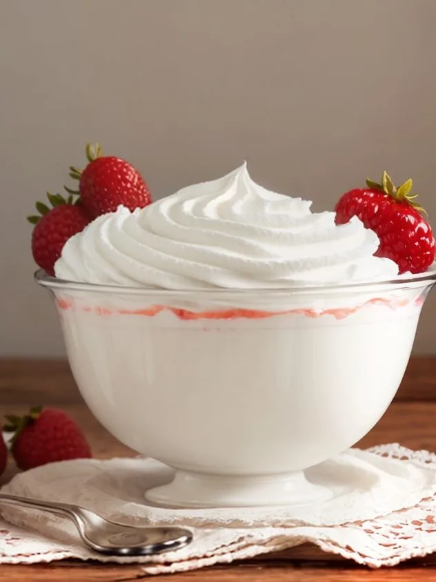 Homemade Whipped Cream Process Step 5 The final homemade whipped cream with stiff peaks. At the top right of the photo are the electric mixer beaters with stiff peaks on the end. The homemade whipped cream sits in a large glass bowl on a white marble background.