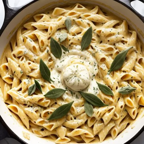 Pumpkin alfredo on a white plate on a white marble background. The pumpkin alfredo is garnished with a sprig of parsley and grated Parmesan. To the left is a small black bowl with grated Parmesan. Behind the plate is a pumpkin and a bunch of parsley. This is the horizontal image.