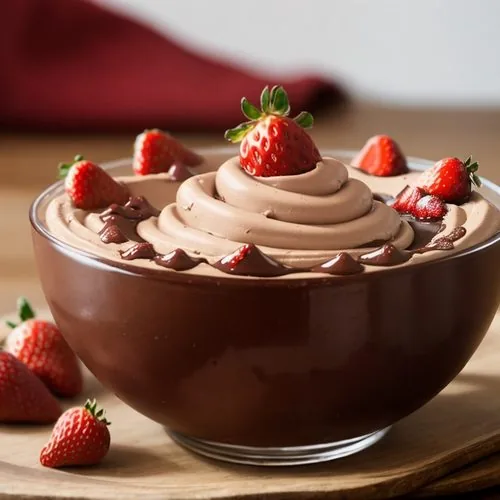 In the lower left, a small white bowl with the brownie batter hummus sits on a black plate. The hummus is topped with a little bit of whipped aquafaba for color, mini chocolate chips, cocoa powder, and sliced strawberries. Around the white bowl are blueberries, pretzel sticks, strawberries, apple slices, and honey teddy grahams for dipping. In the lower right is a container of blueberries. In the upper right is a red and white checkered tea towel, and a small light colored wooden bowl filled with mini chocolate chips. This is the horizontal image.