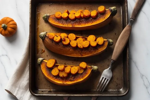 Baked Butternut Squash Process Step 4 The two butternut squash halves contain holes from a fork all over the flesh side. Both halves sit in a glass 9" x 13" pan, filled with a half inch of water.