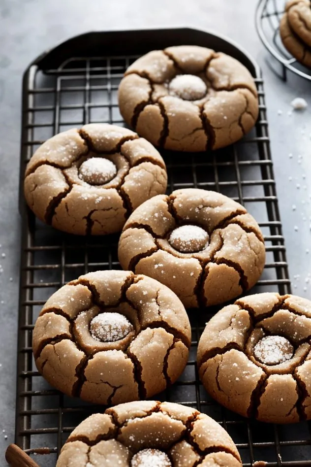 Final chewy molasses cookies on a textured aluminum baking sheet after baking.