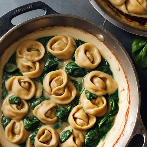 Creamy Tortellini with Sausage and Spinach sits on a black plate, garnished with a sprig of flat leaf parsley. Around the perimeter of the plate is an intricate design made with tomato sauce. On the right is a fork, a bunch of flat leaf parsley, and a small black bowl of chopped onions. In the upper left is a pile of spinach. The plate sits on a white and red checkered tea towel. Everything sits on a white marble background.