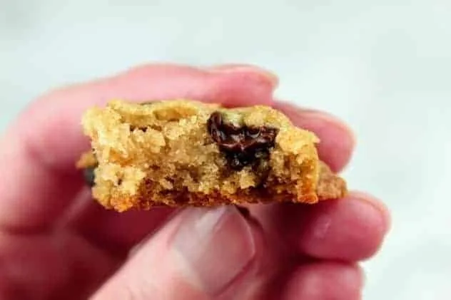 Dairy Free Chocolate Chip Cookies Process Step 5b A hand holding a part of a partially eaten dairy free chocolate chip cookie to show the chewy texture on the inside.