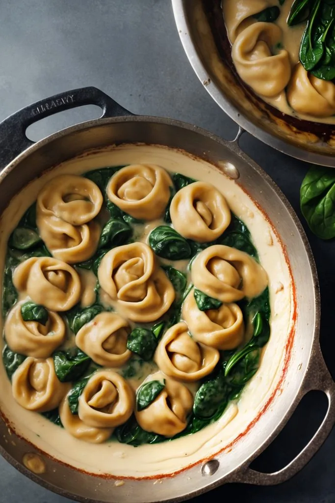 Addition of cooked tortellini to the mixture of spinach, browned sausage, diced tomatoes, cream cheese, Italian seasoning, bell pepper, onion, and garlic in a stainless steel pan.