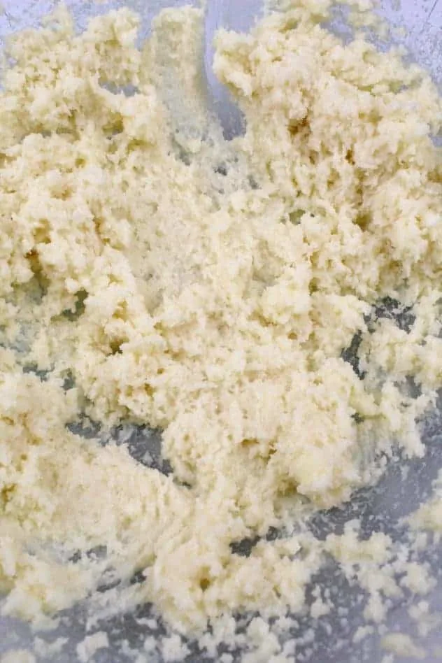 Gluten-Free Ricotta Cookies Process Step 1b Butter alternative, granulated sugar, extra light olive oil, vanilla extract, Kosher salt, baking soda, and baking powder creamed together in a large glass bowl.