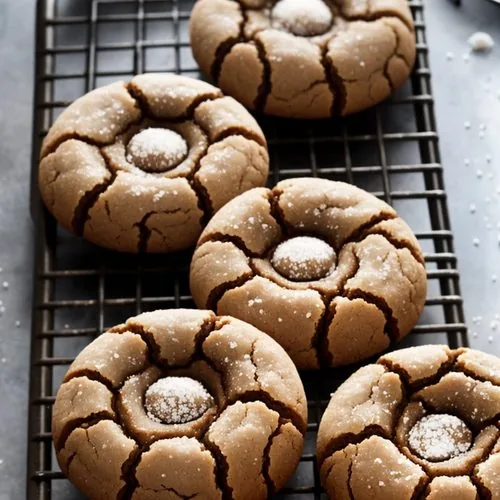 Chewy molasses cookies sit in a pile on a white plate. Off to the left is a pine cone and a sprig of evergreen. In the upper right is a red mug. Running through the picture is a gray, black, and red plaid pattern piece of fabric. Everything is on a white marble background. This is the horizontal image.