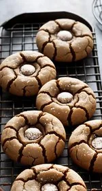 Chewy molasses cookies sit in a pile on a white plate. Off to the left are two pine cones, and a sprig of evergreen. In the upper right is a red mug. Running through the picture is a gray, black, and red plaid pattern piece of fabric. A strand of icicles weaves throughout the photo. Everything is on a white marble background. At the top of the image are the words 'The Panicked Foodie,' with the i's colored red and dotted with red hearts. At the end is a black mixing bowl with a red heart on it that contains three sugar cubes.