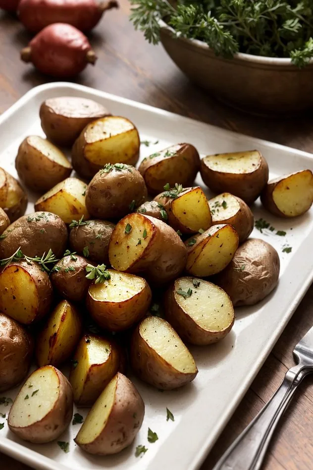 1" cube red potatoes with the skin on, surround a small glass bowl containing a variety of herbs and extra light olive oil. A 1 tablespoon measuring spoon sticks out of the glass bowl. Everything sits on a textured aluminum baking sheet.